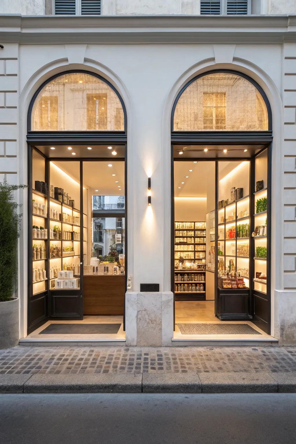 A storefront utilizing symmetry for a harmonious and balanced visual appeal.