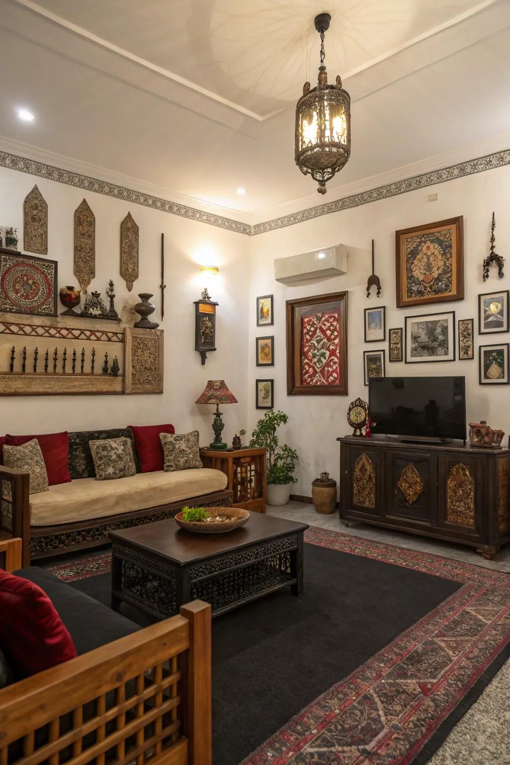 Cultural touches that add personality to a dark carpeted space.