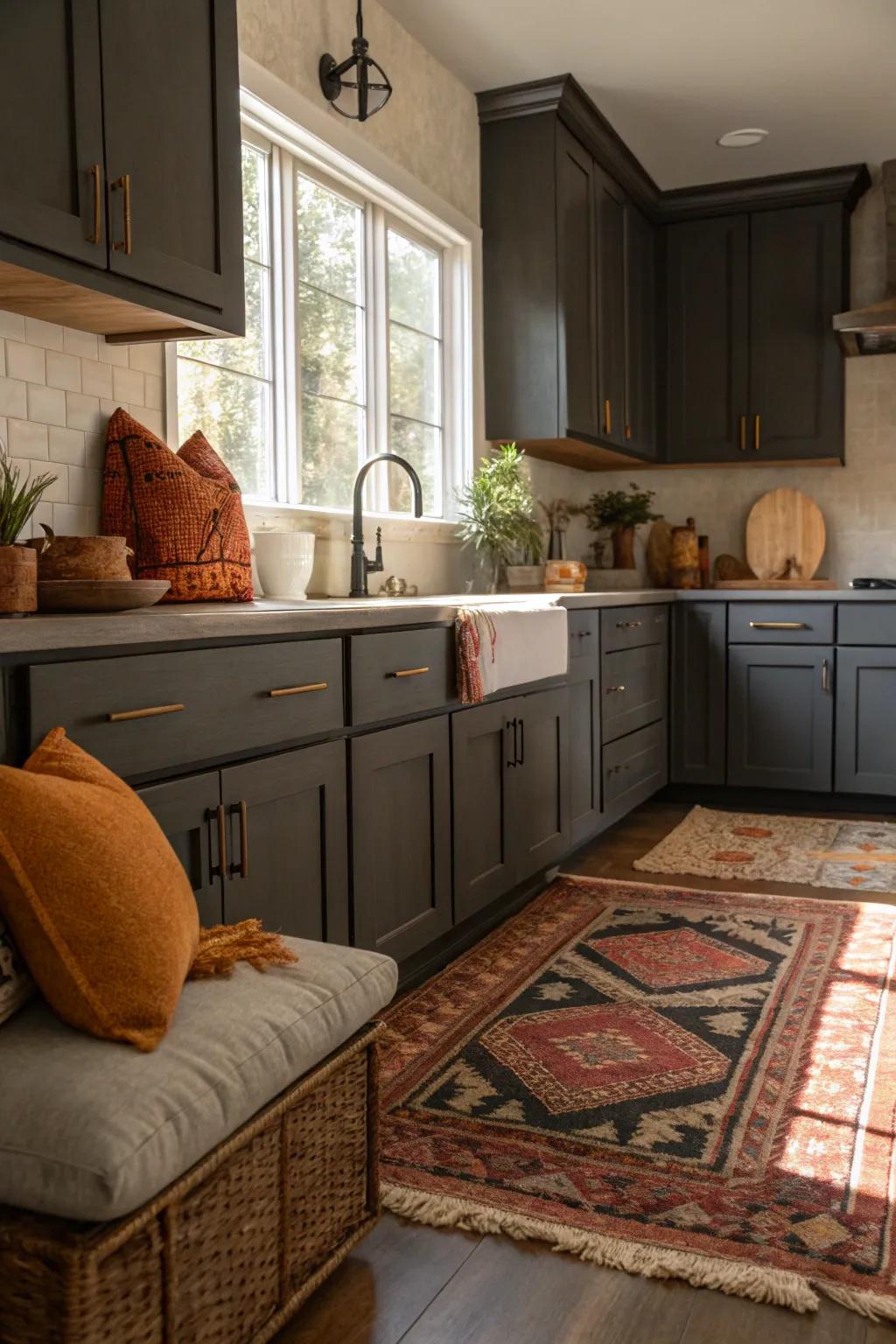 Warm accents harmonizing with the cool shades of deep charcoal cabinets.