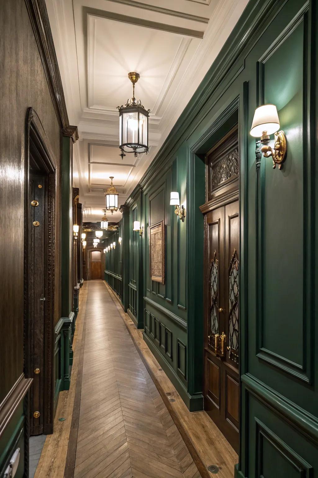 Dark green paneling adds refinement to the hallway.