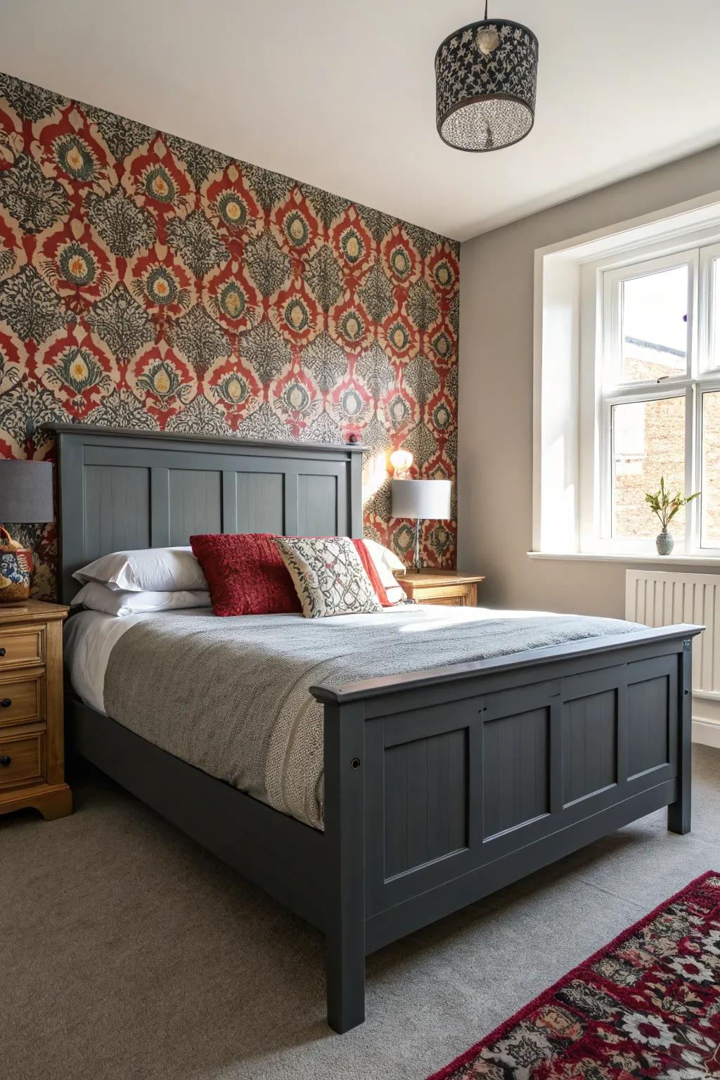The focal point of a deep charcoal bed frame is enhanced by a striking accent wall.