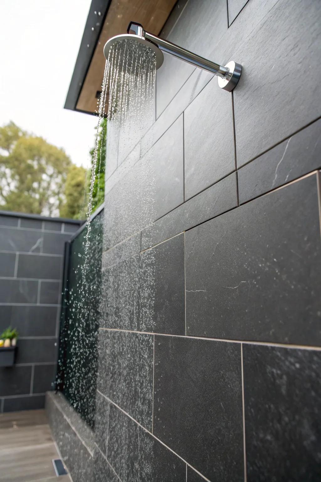 A smooth and sophisticated surface is created by large format tiles.