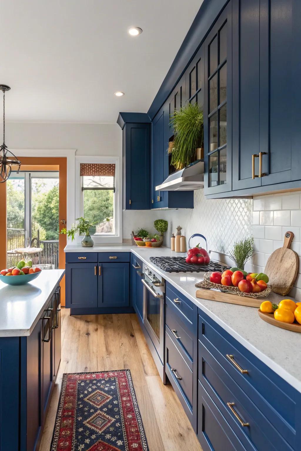 A daring color choice for deep-toned cabinets introduces vibrancy to the kitchen.