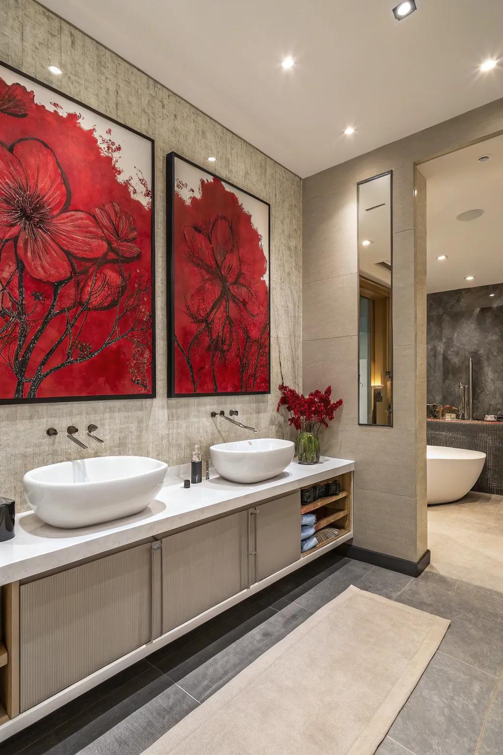 Statement red artwork defines and personalizes your bathroom.