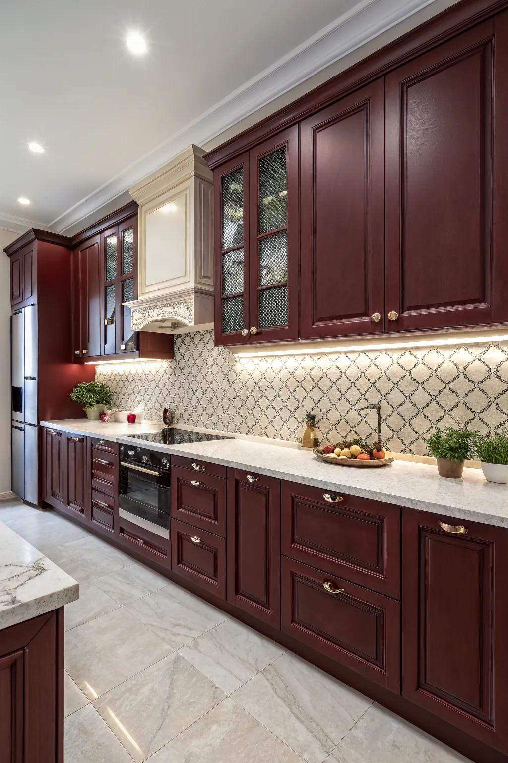 Striking kitchen with a dramatic backsplash and dark red cabinets.