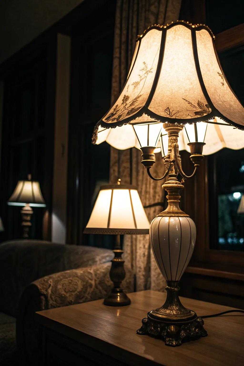 A lamp featuring warm white bulbs illuminating a dark room.