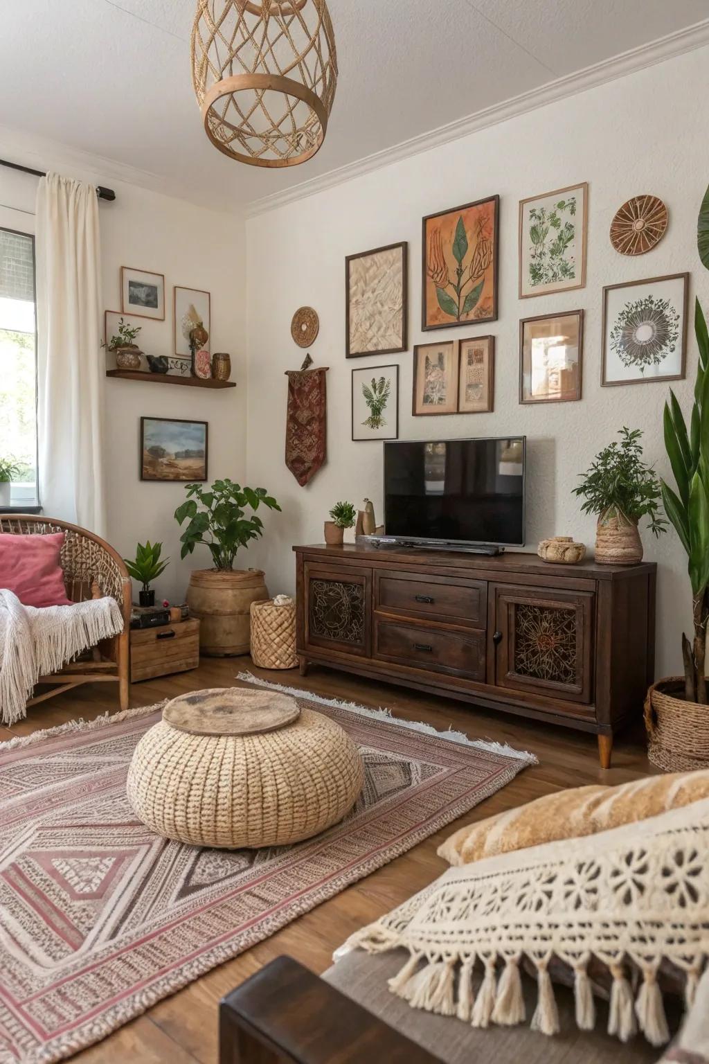 Bohemian elements introduce a relaxed feel to deep-toned wood rooms.
