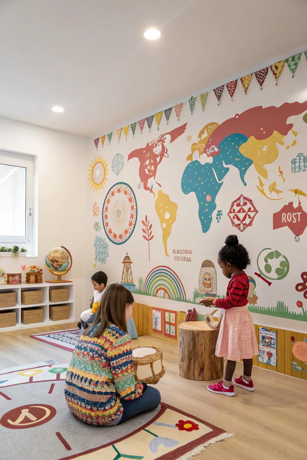 A daycare area celebrating variety with tradition-themed wallpaper.