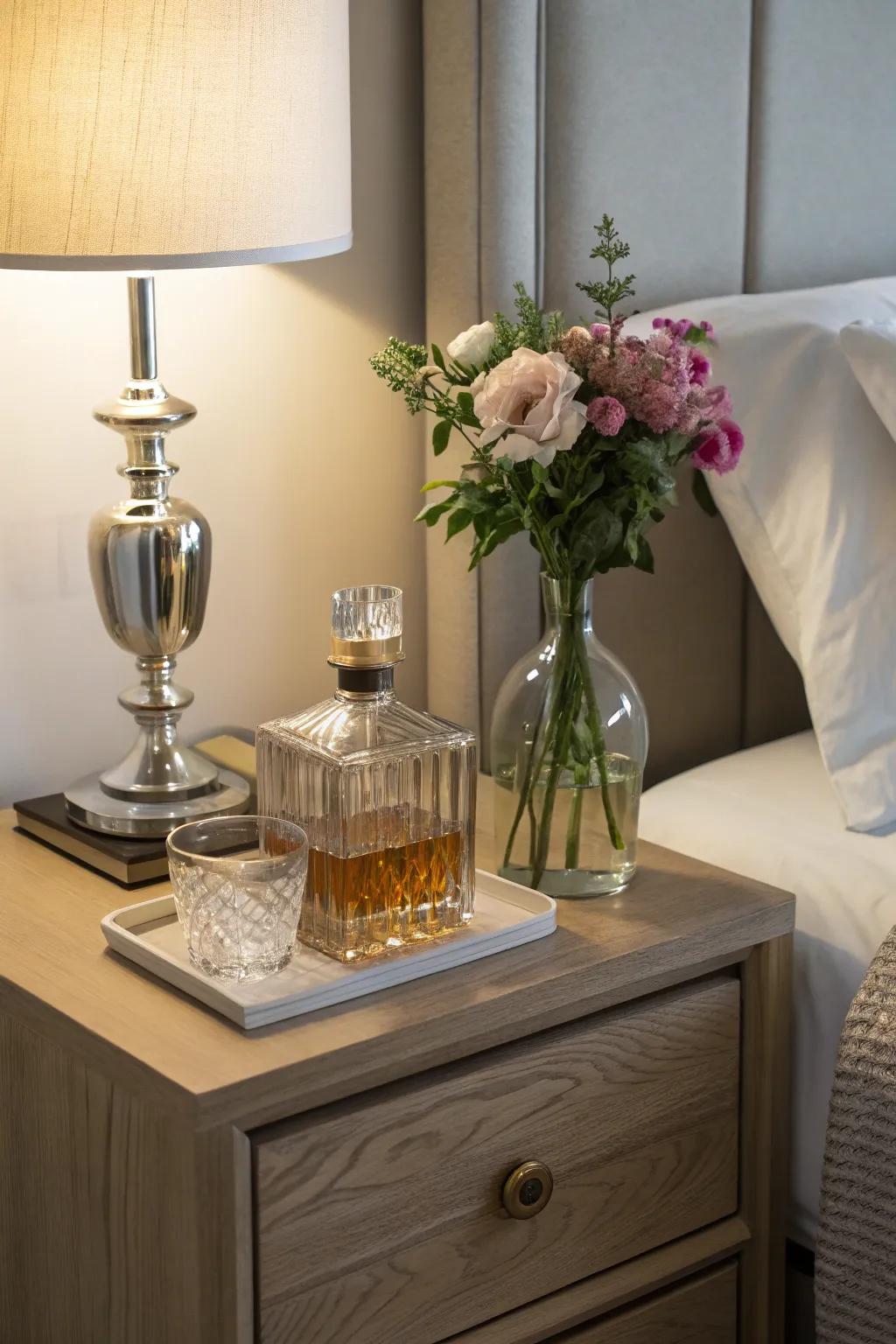 A nightstand featuring a vessel as a ornamental water or flower holder.
