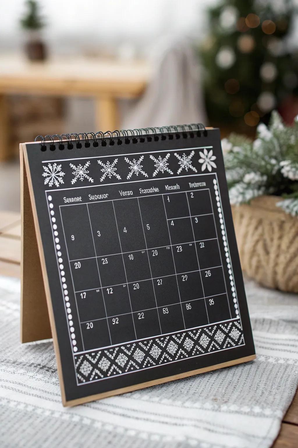 An elegant chalkboard calendar featuring Scandinavian patterns.