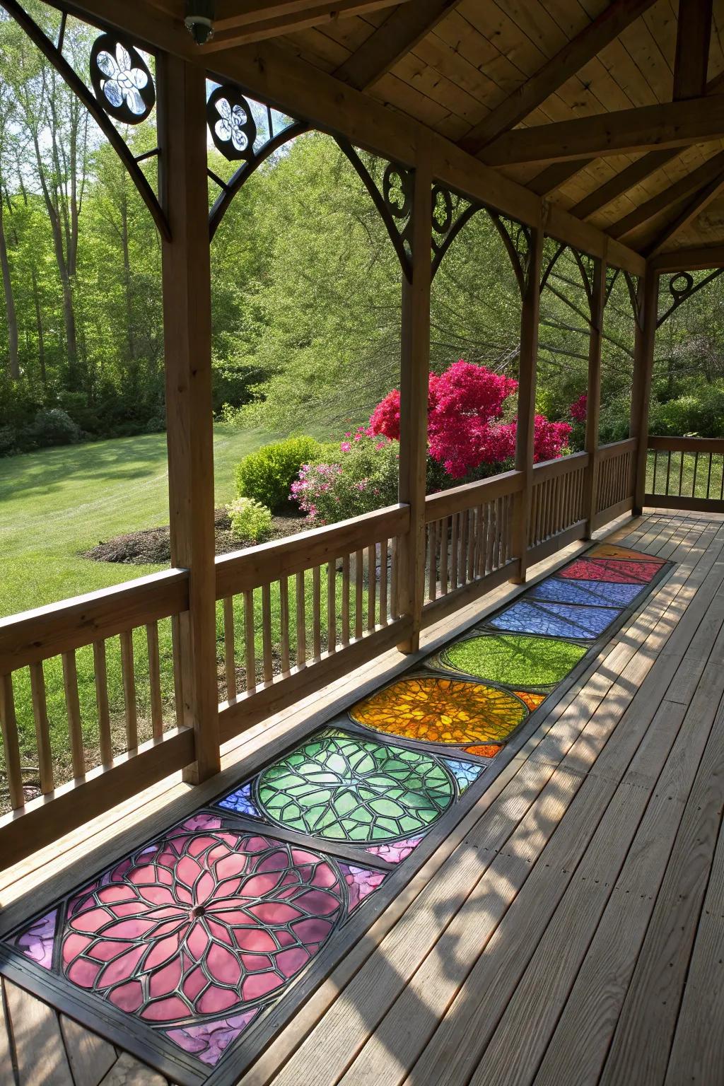 Stained glass panels offer artistic shade and a sprinkle of variety.