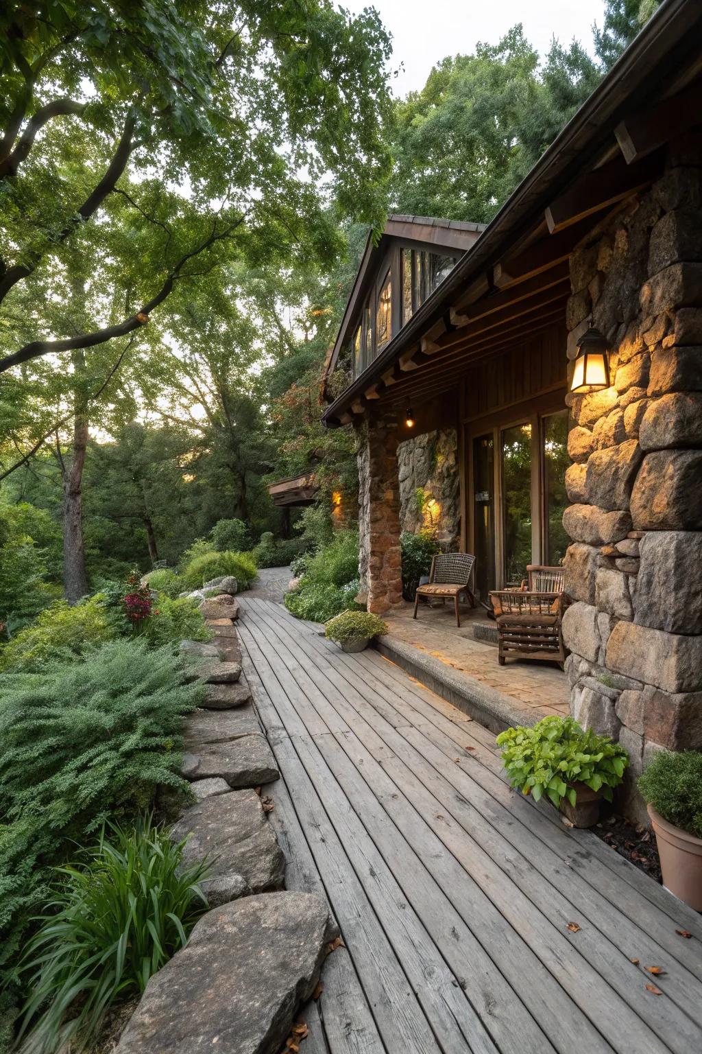 Organic materials give this deck countryside allure, harmonizing perfectly with its surroundings.