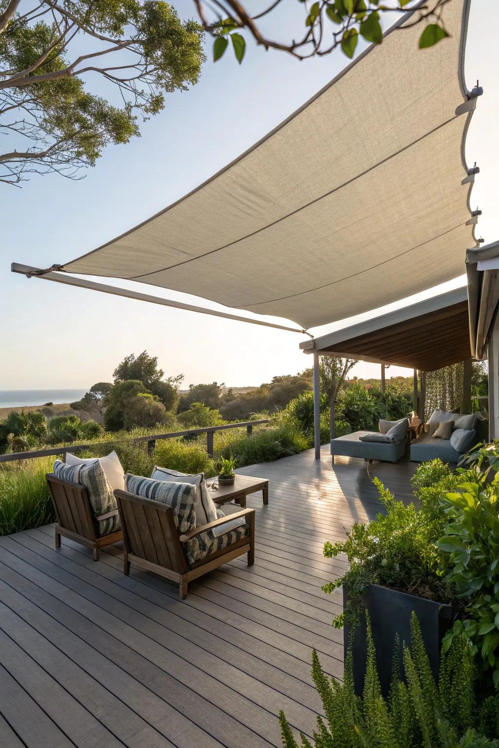 Canvas shades extend practical and expansive protection for decks.