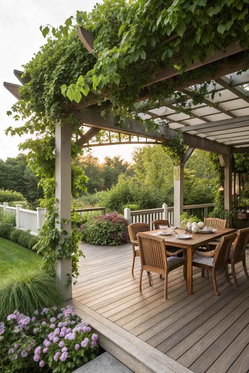 Outdoor spaces are given shade and structure by pergolas.