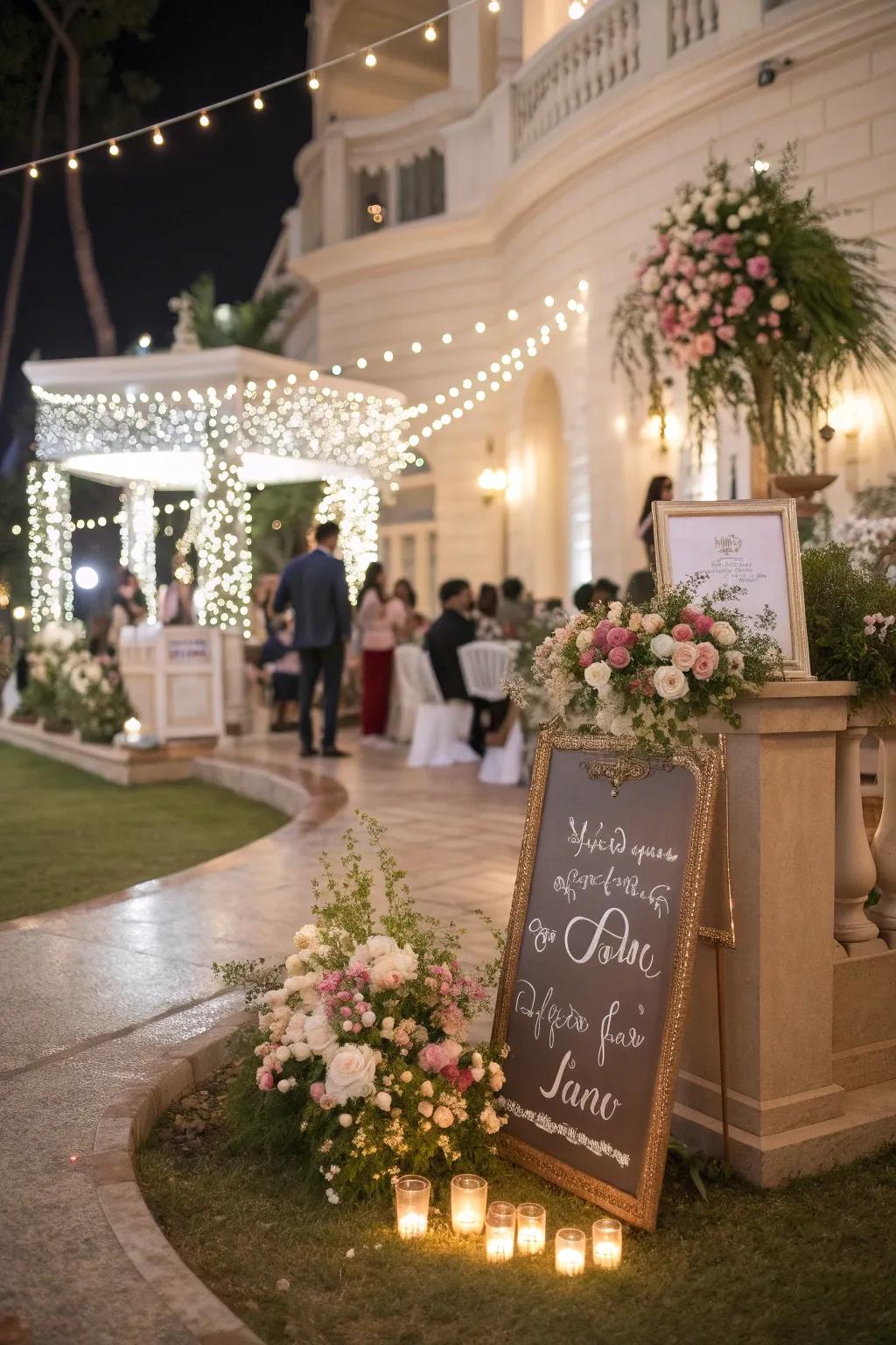 Custom-made signs introducing a unique touch to a wedding setting.