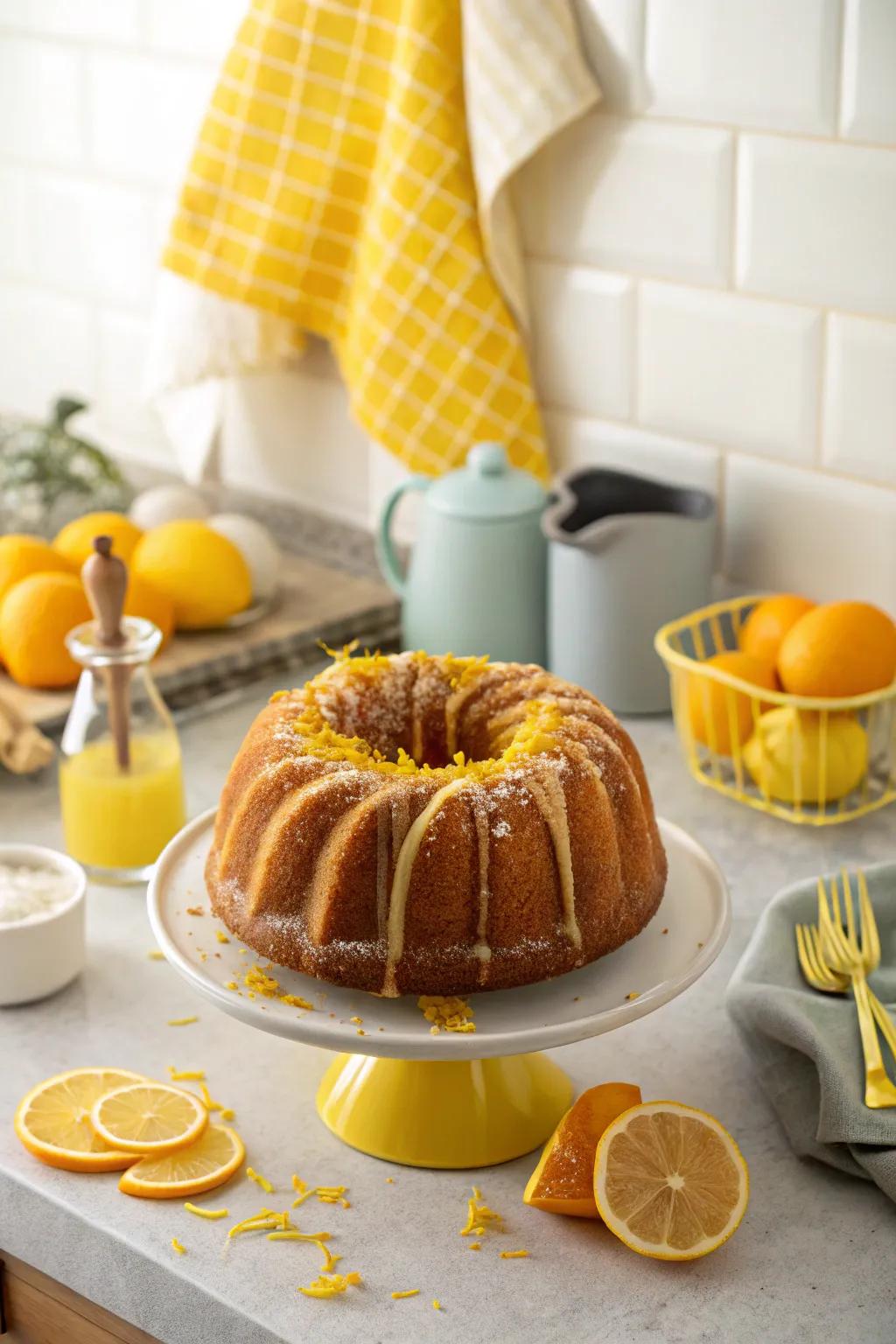 A bundt cake with a topping of fresh citrus zest.