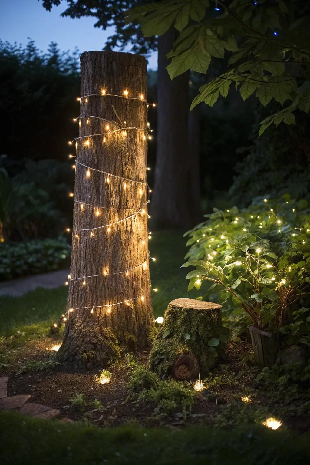 Illuminate your landscape with a light-wrapped tree stump.