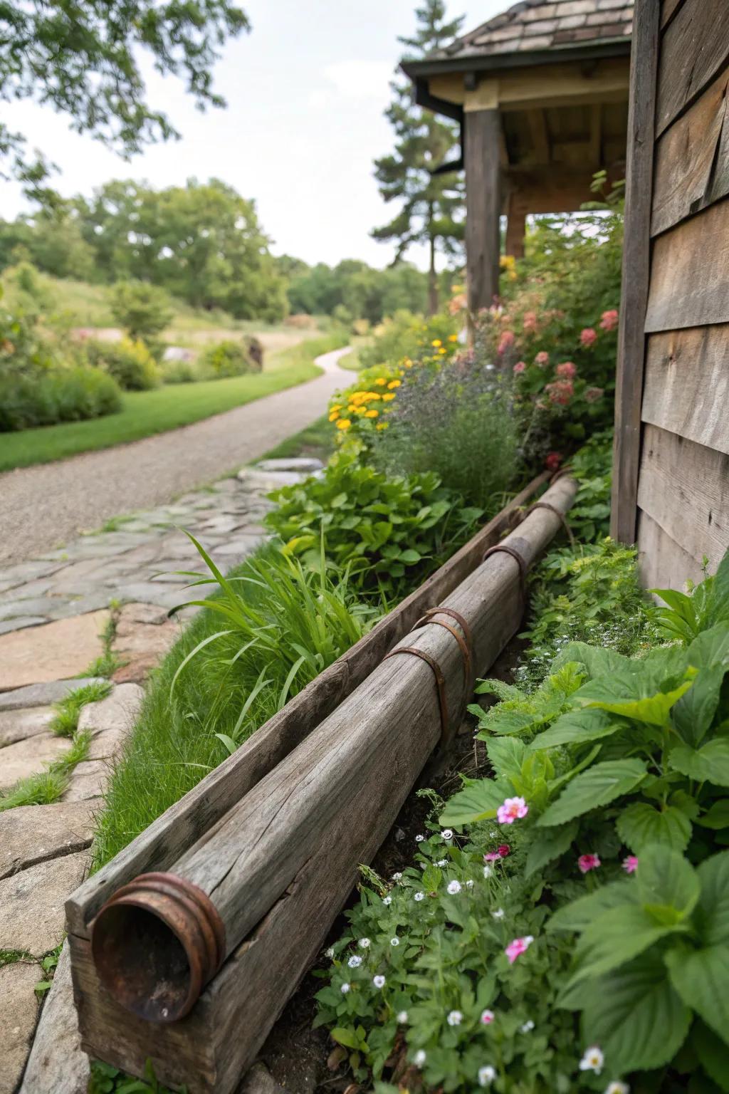 Country wood encasements impart warmth and charm to downspouts.
