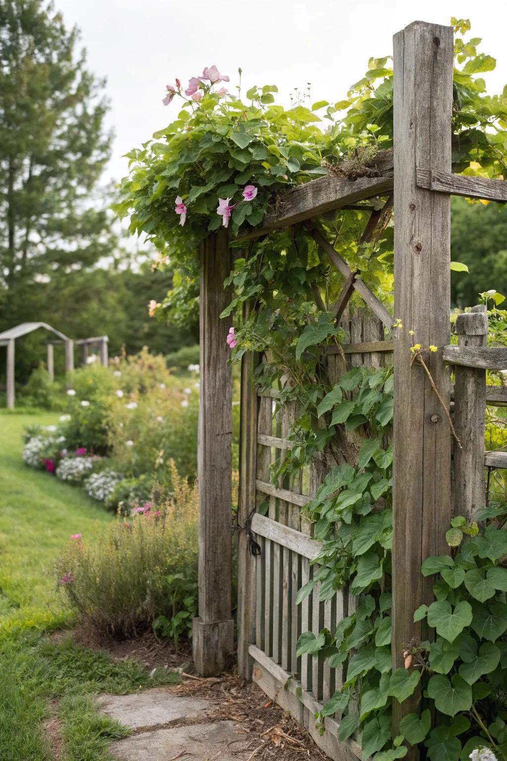 Trellis fences sustain and spotlight climbing flora.