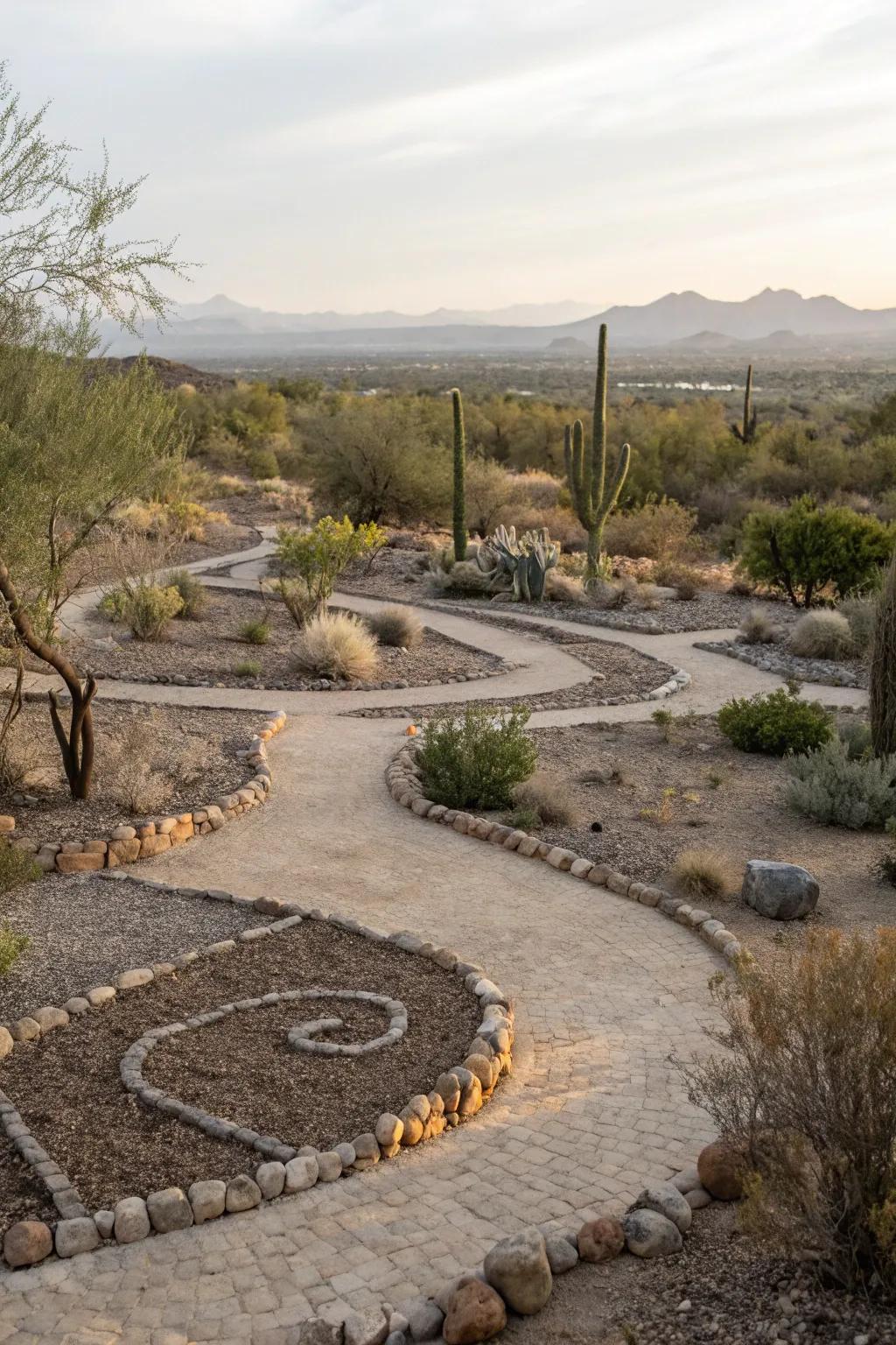 Gravel of various sizes creating defined paths and planting areas.