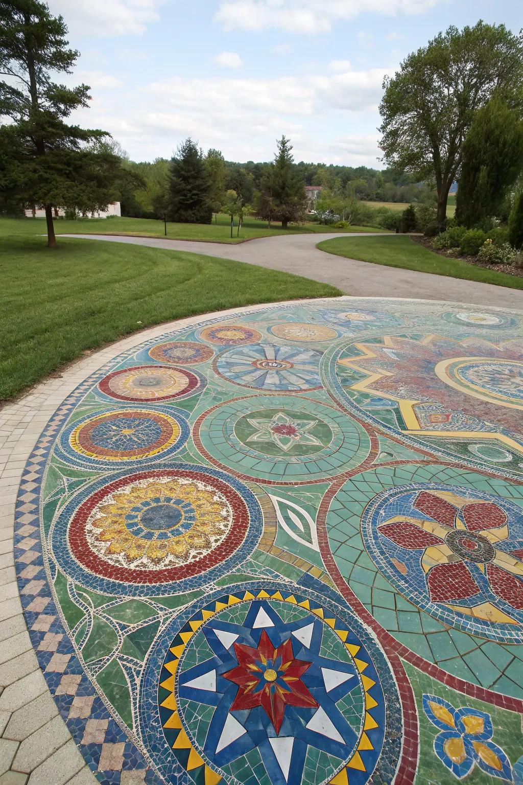 A tiled driveway presents a stunning exhibition of artistry and hue.