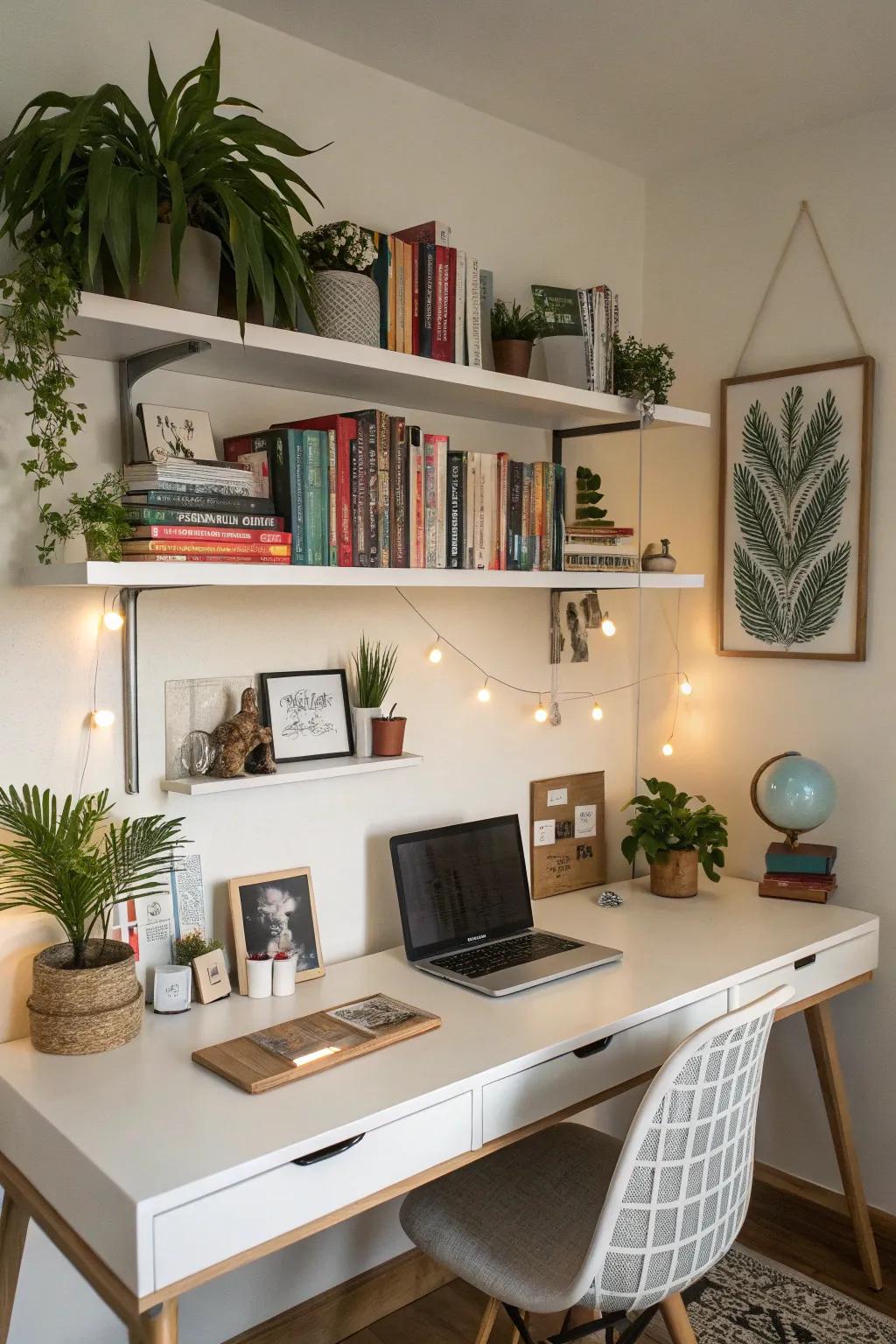 Wall shelves add both storage and style.