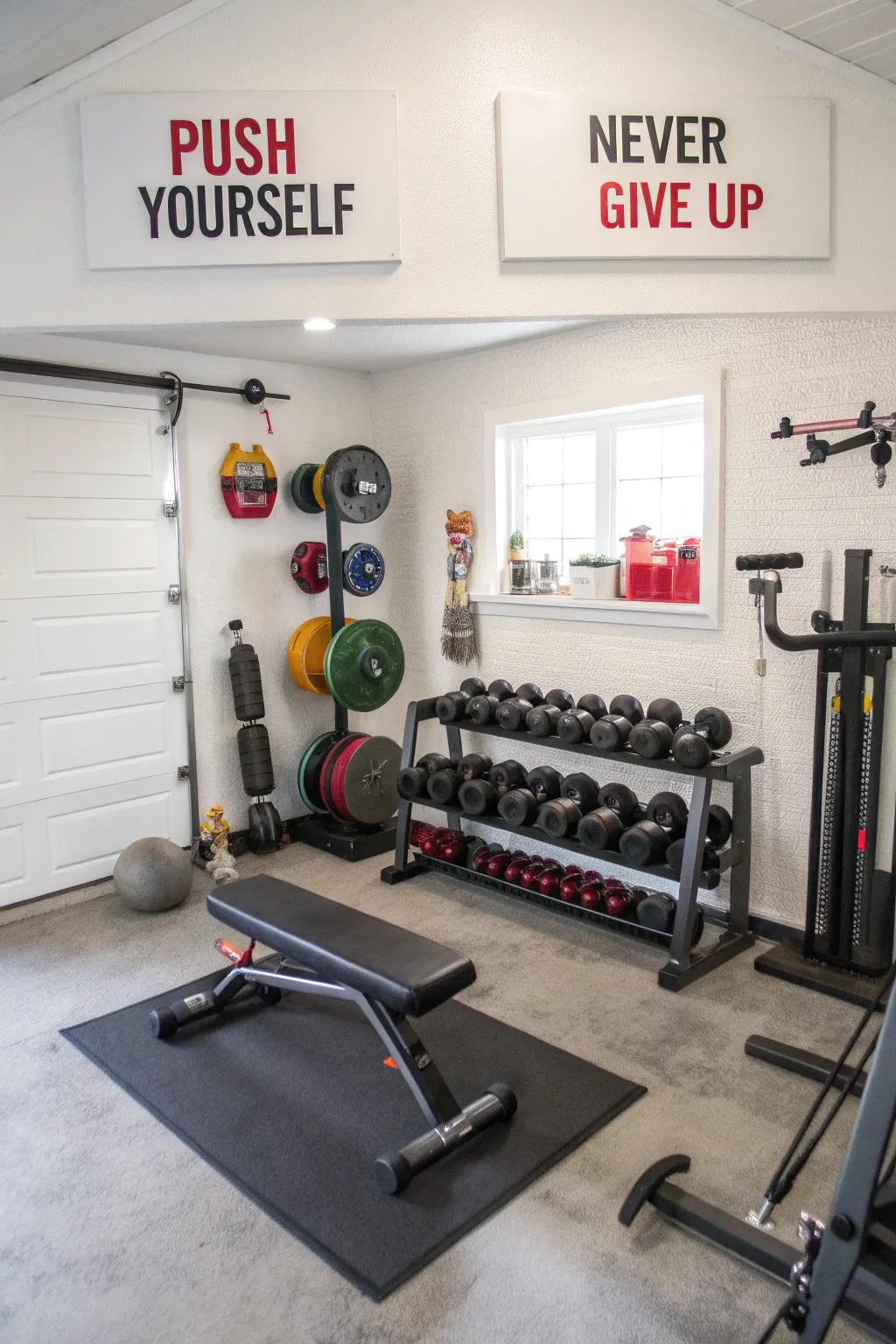 A personalized home gym with decor and sayings, giving daily drive and inspiration.