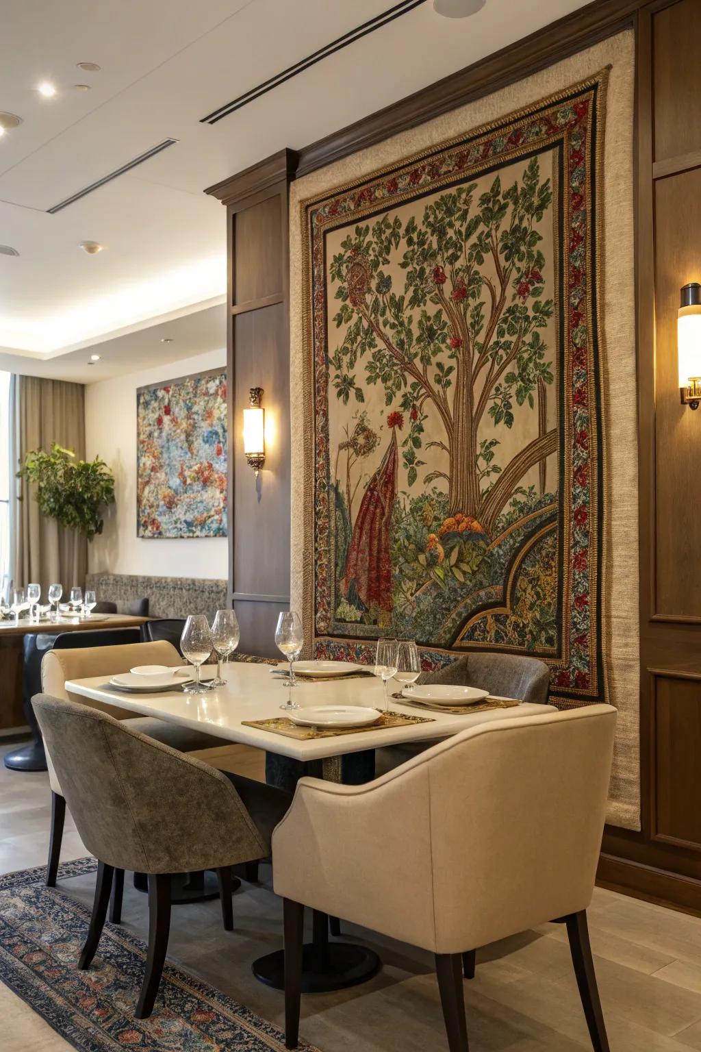 Textiles add warmth and charm to dining room walls.