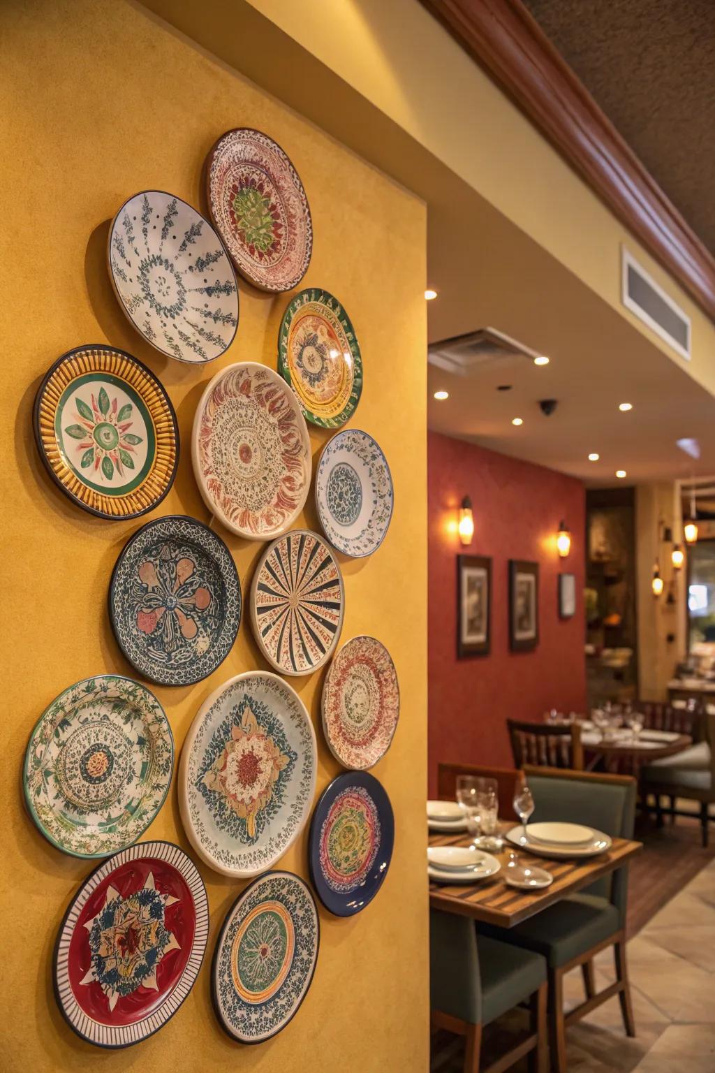 Plate mosaics transform walls into artistic points of interest.