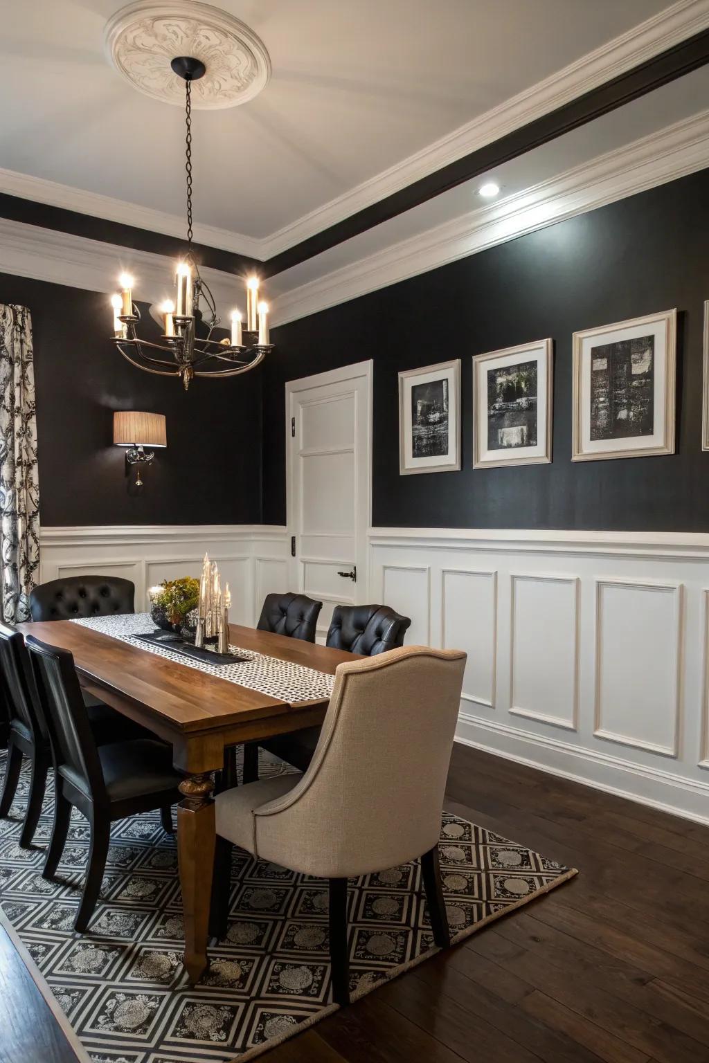 A dramatic black and white color scheme creates bold contrast.