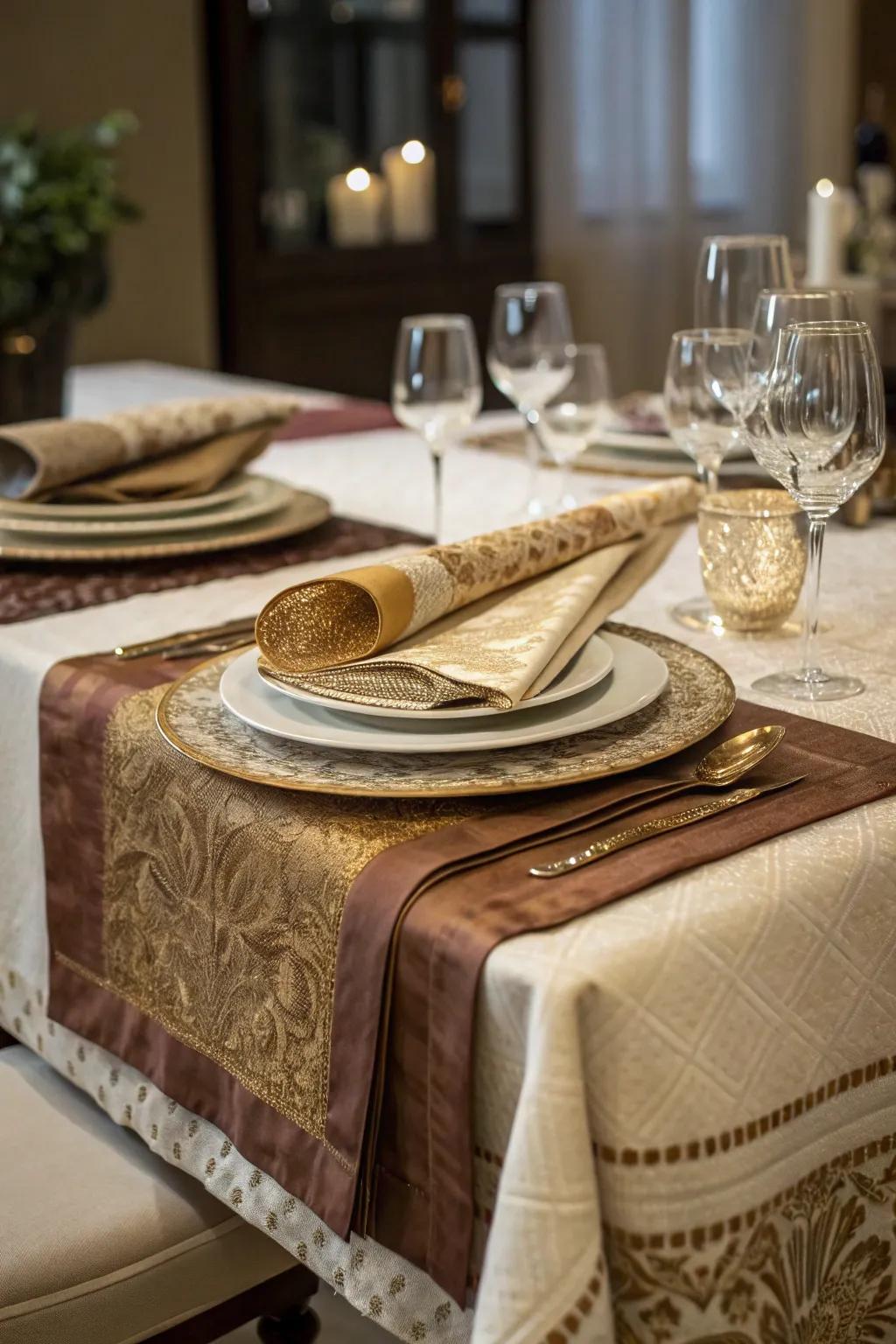 A dining table featuring layered table fabrics.