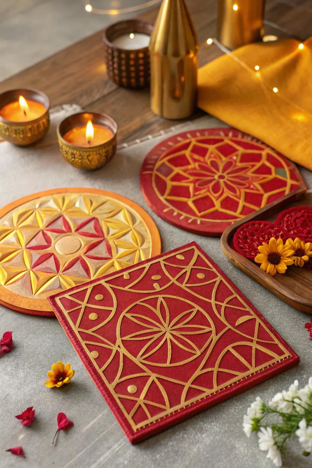 Vibrant coasters with geometric patterns add style and protect surfaces on the Diwali table.
