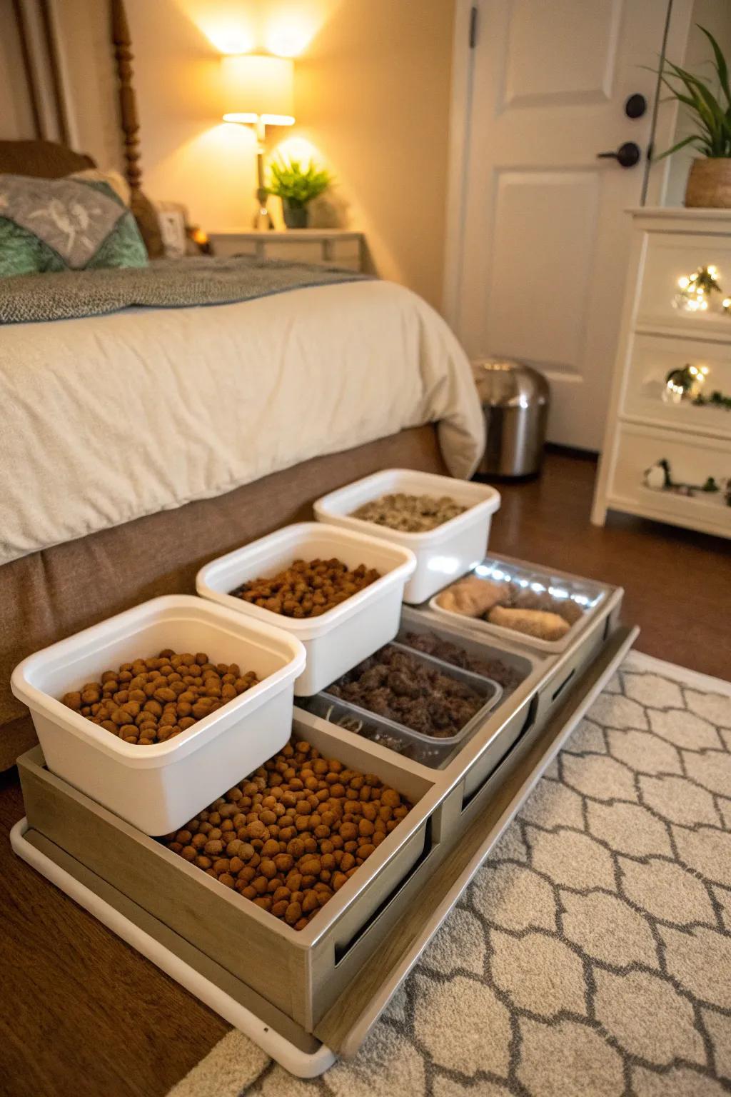 Under-bed storage containers provide a discreet solution for extra dog food supplies.