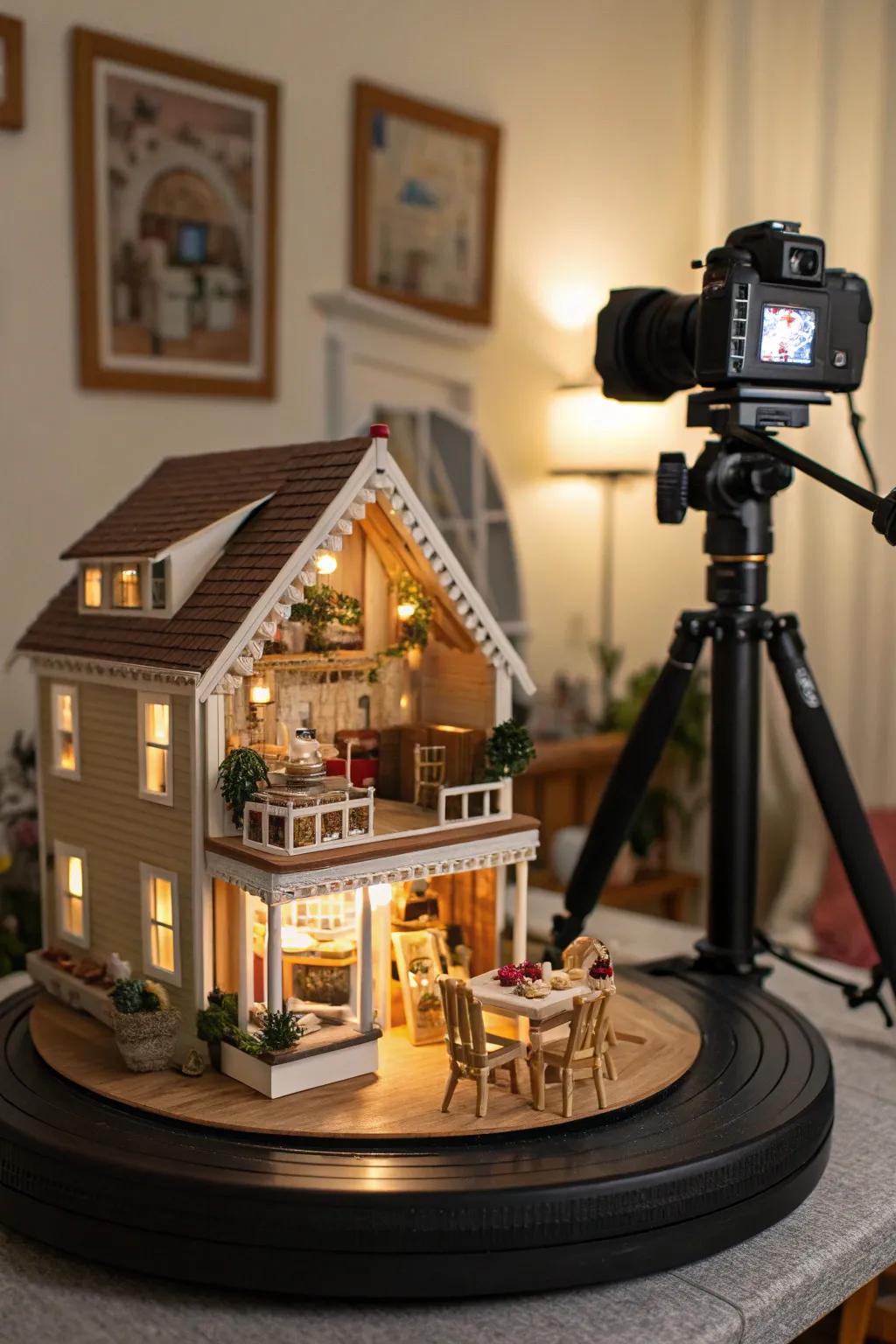 A rotational platform enables comprehensive viewing of a dollhouse.