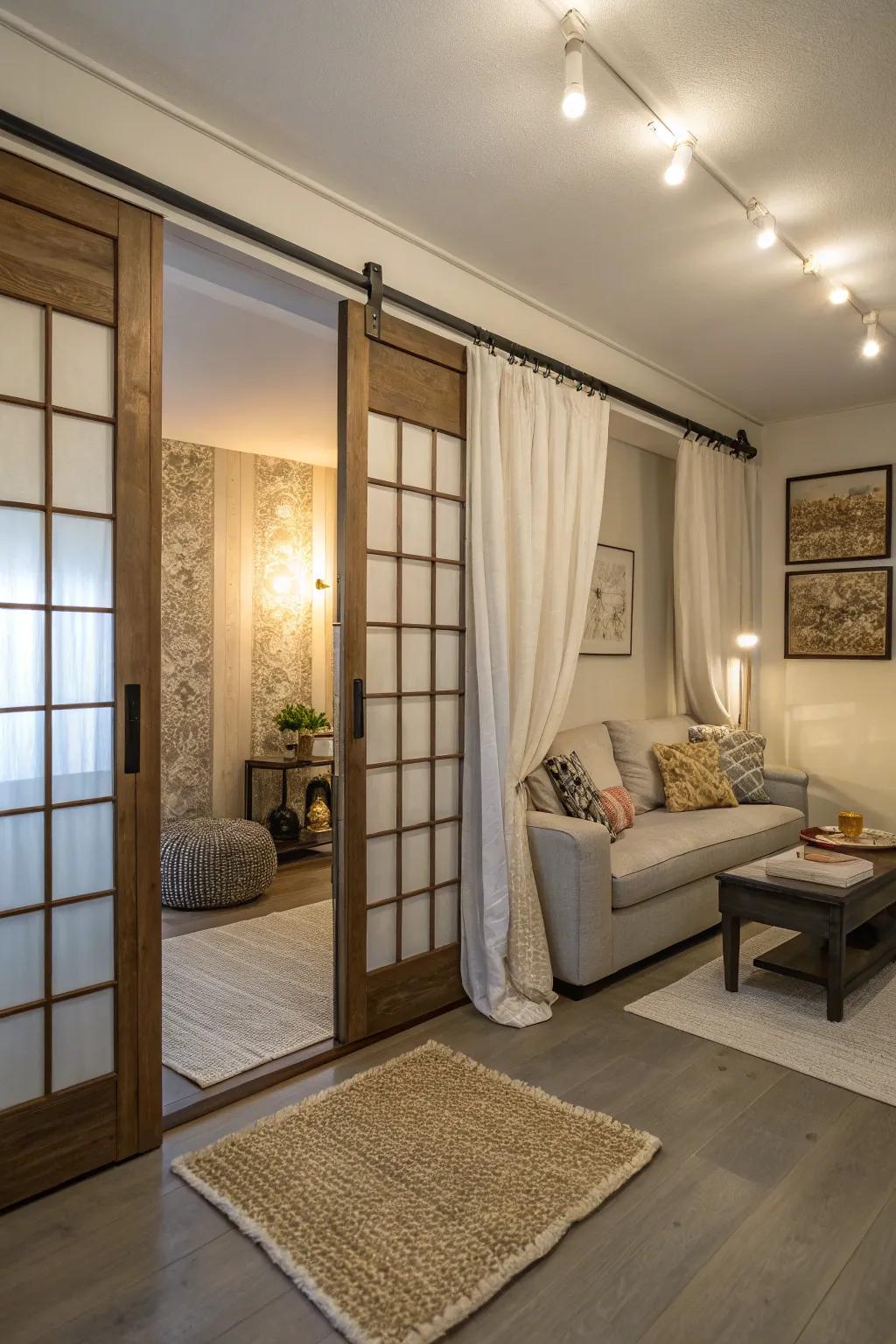 Fabric panel doors introduce a soft, tactile element to this inviting studio apartment.