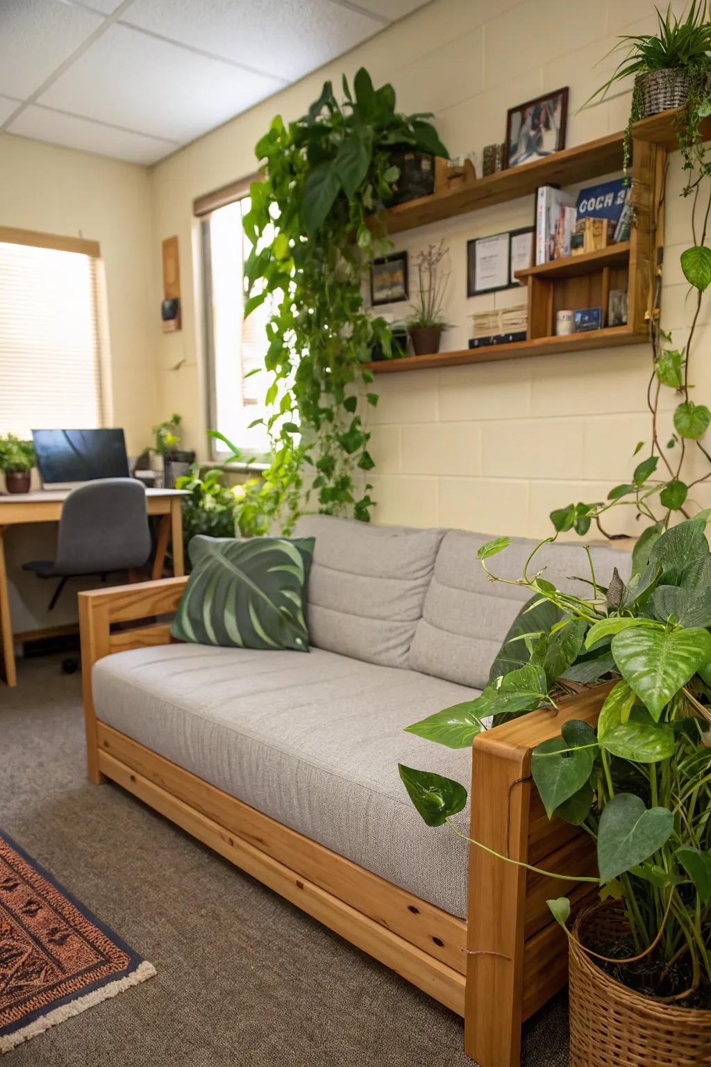 An eco-conscious sofa fits in beautifully with the green decor in this dorm room.