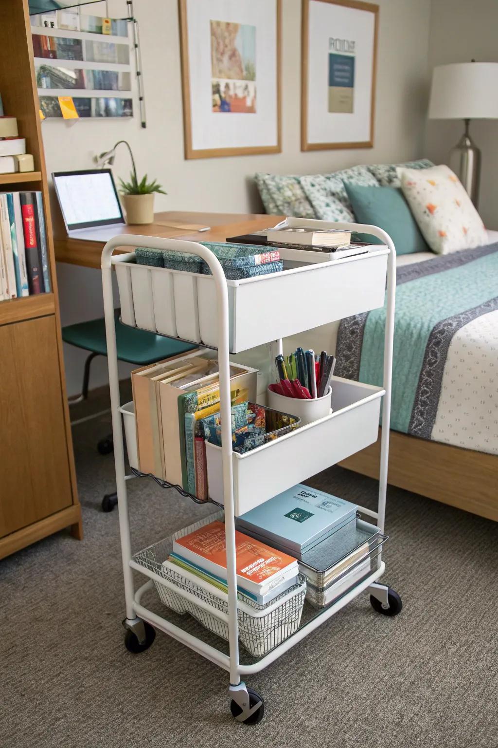 A rolling cart offers flexible and mobile storage solutions.