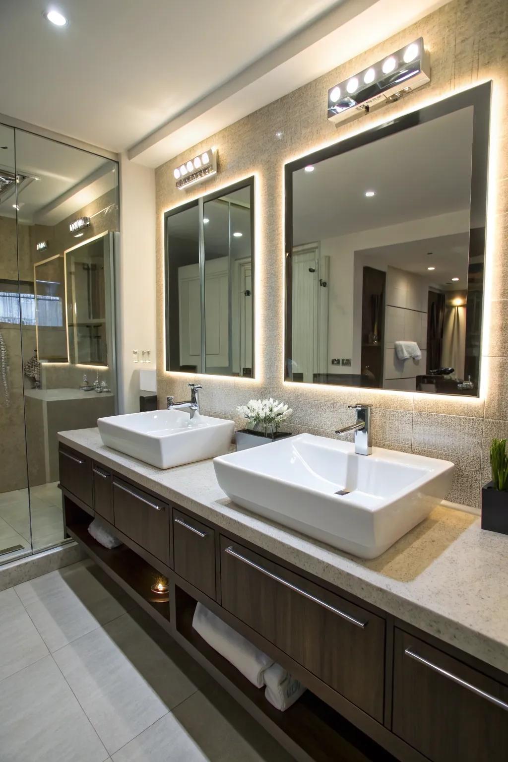 Cabinet lighting enhances the elegance of the double sinks.