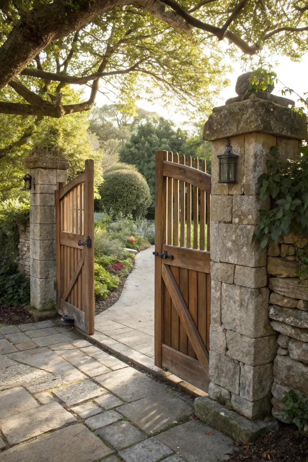 Natural stone pillars complement the homespun charm of a timber portal.