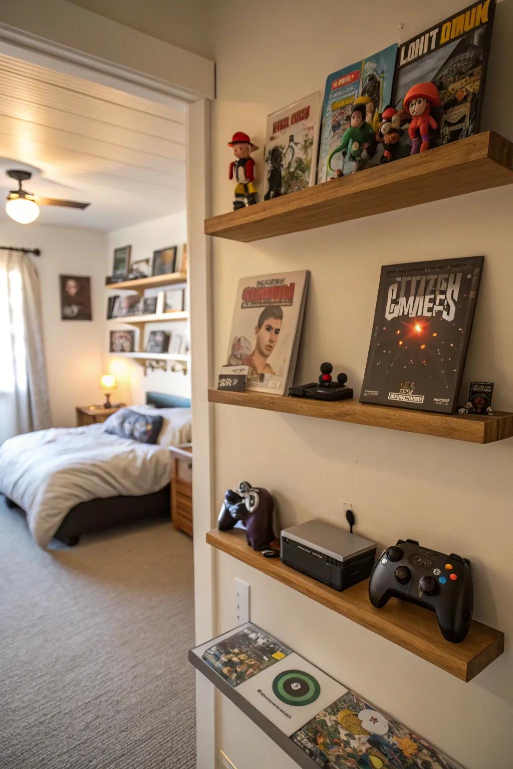Floating shelves maximize space and showcase collectibles.
