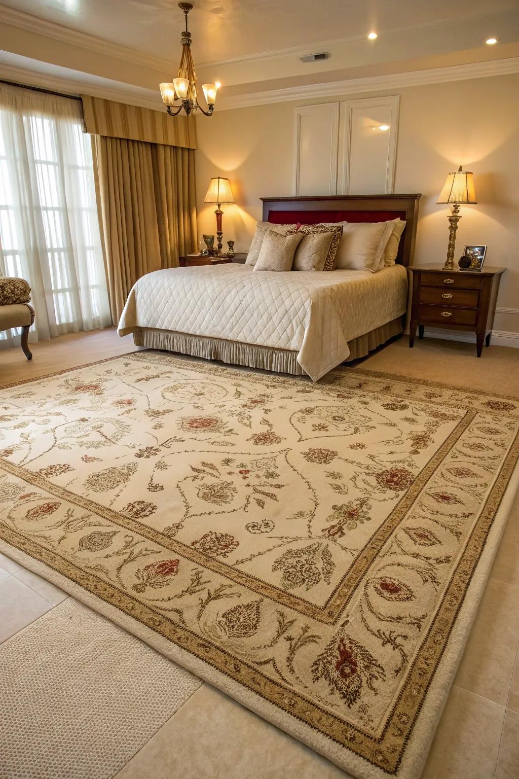 A bedroom featuring a classic floor covering bringing warmth and texture.