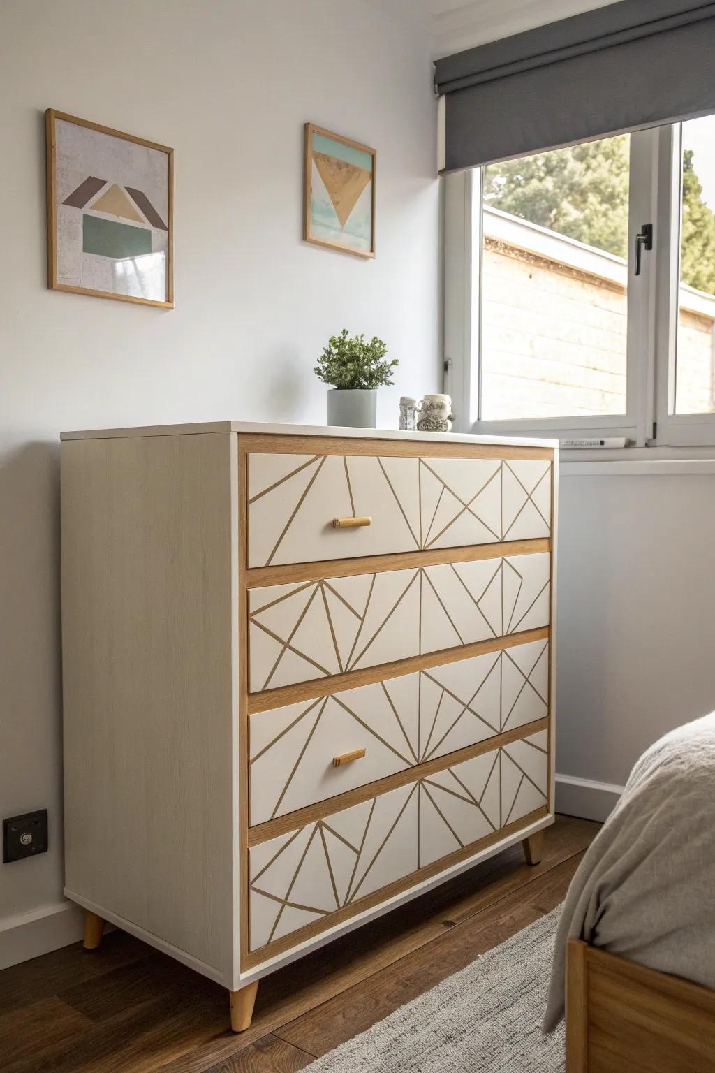 A dresser with a geometric design adding a modern edge to a small bedroom.