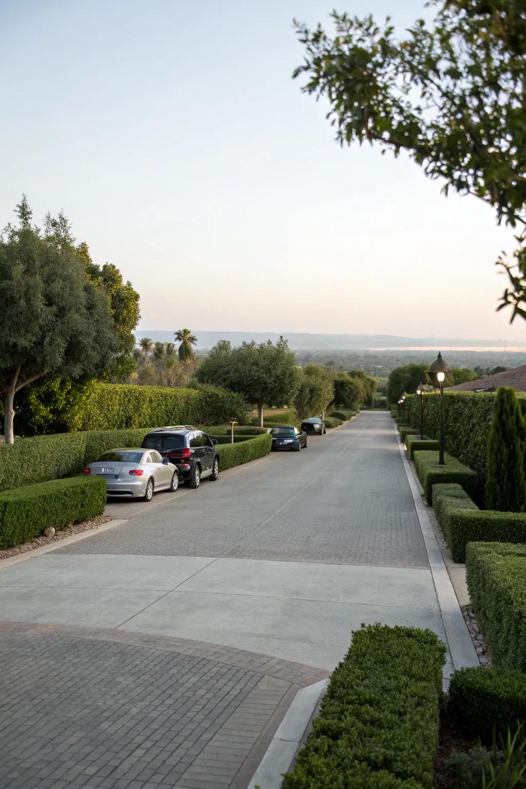 Wide driveways offer extra space for parking and maneuvering.