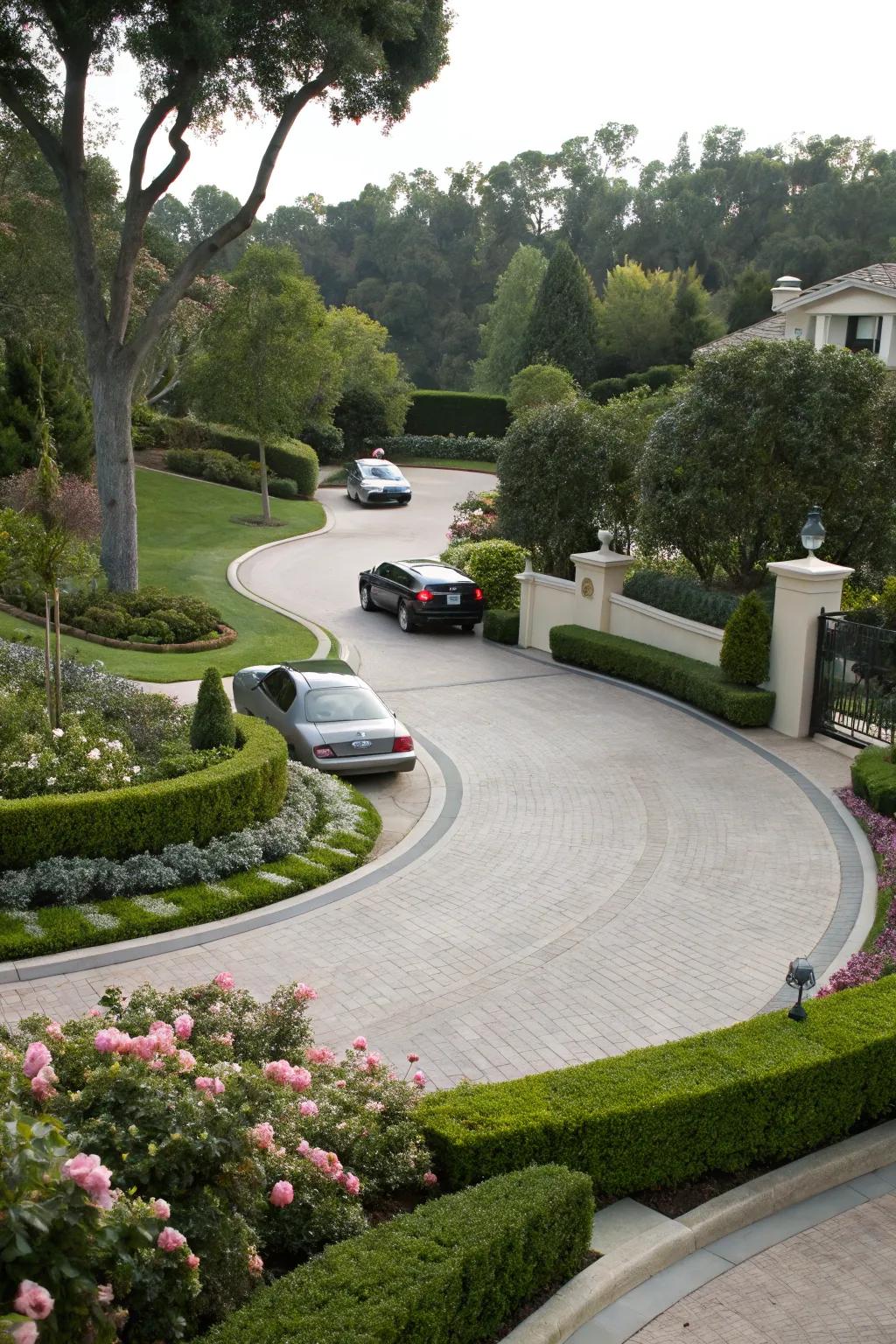 A unique teardrop driveway design with elegant curves.