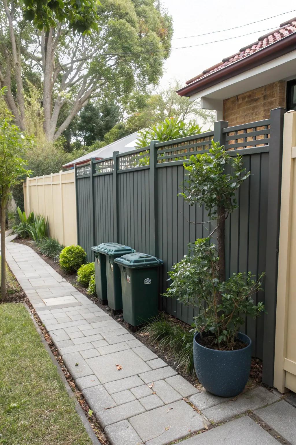 A simulated fence façade provides a polished look and hides bins effectively.