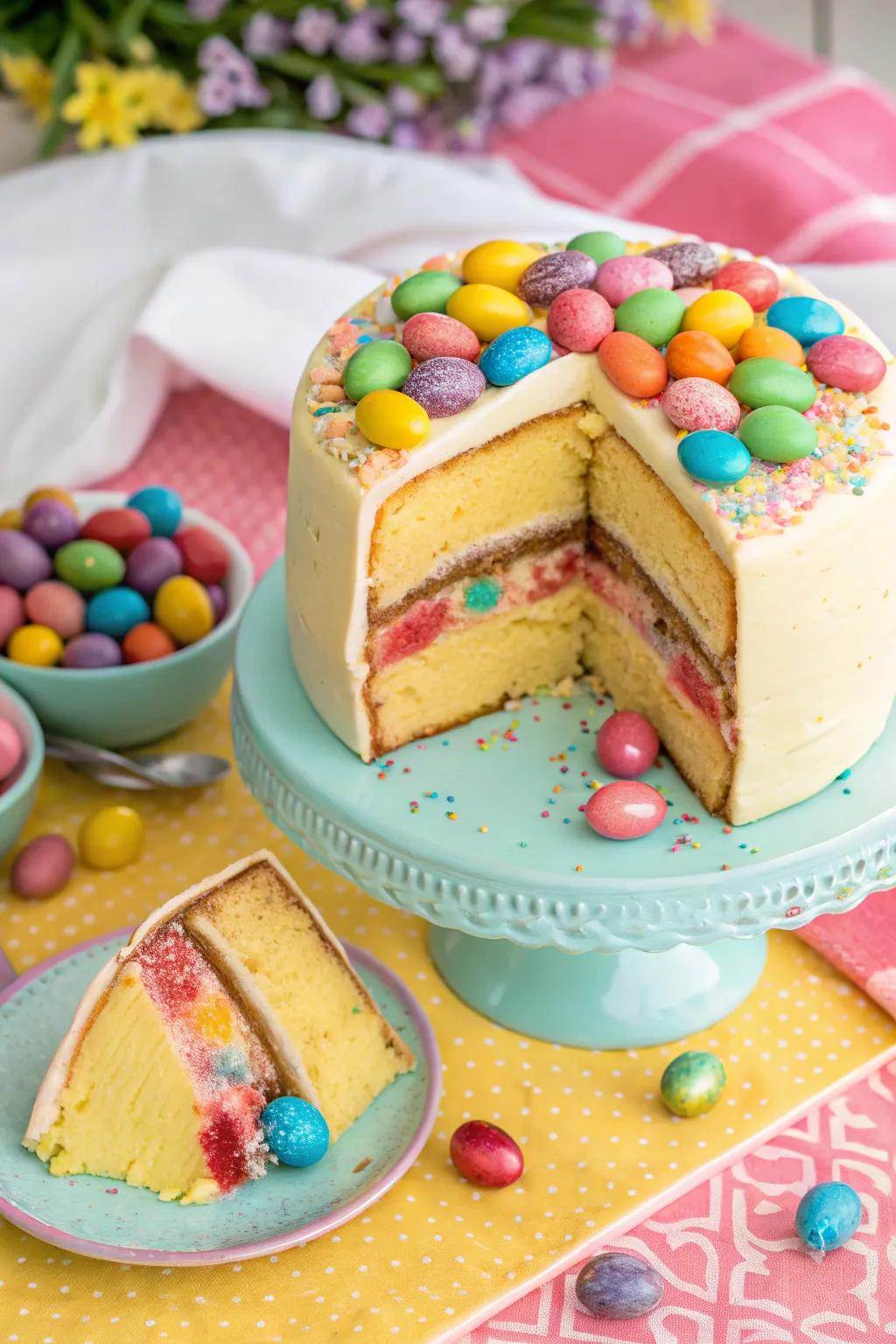 A surprise inside this cake adds an element of fun.