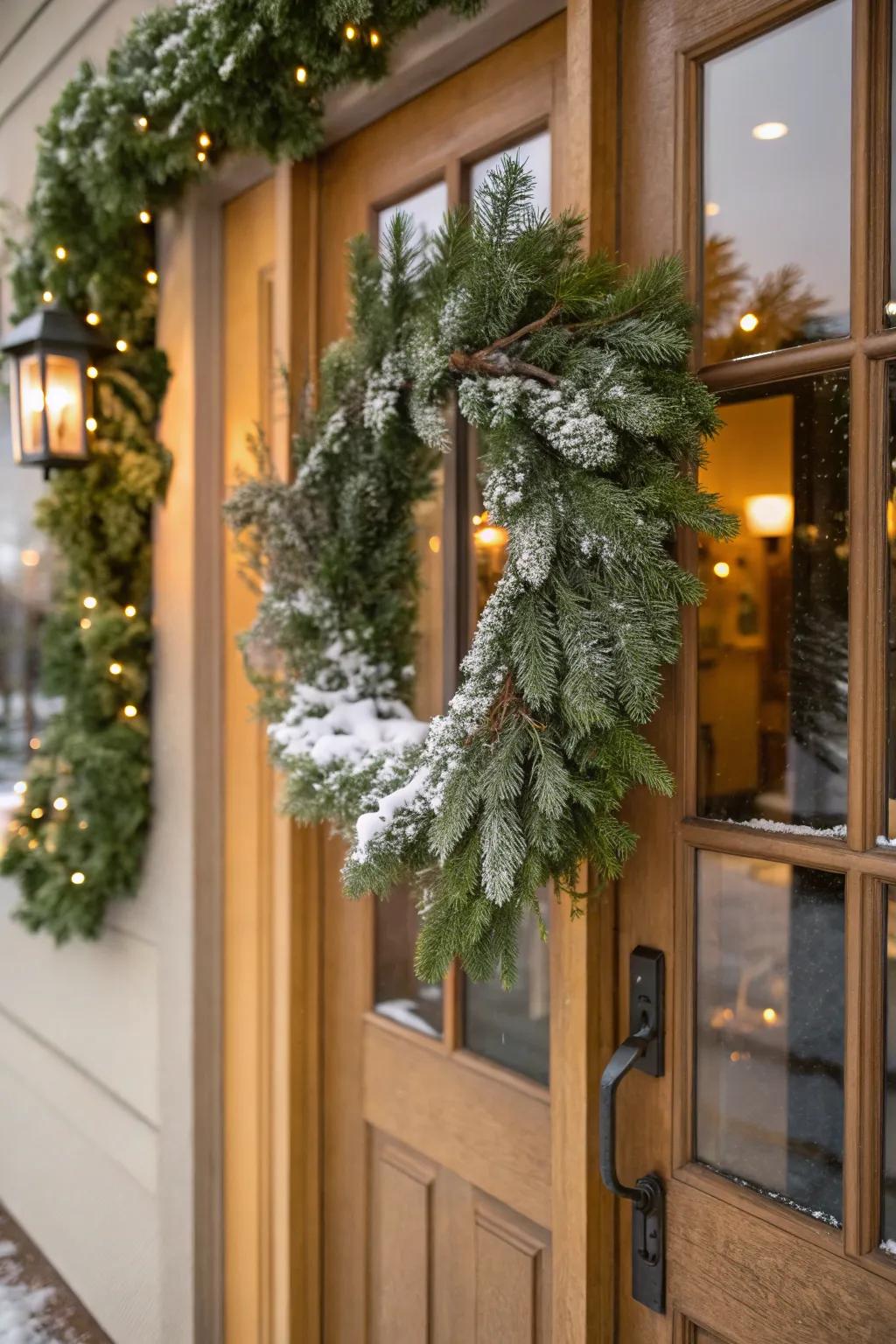 A blizzard-enshrouded coniferous garland introduces timeless holiday elegance.