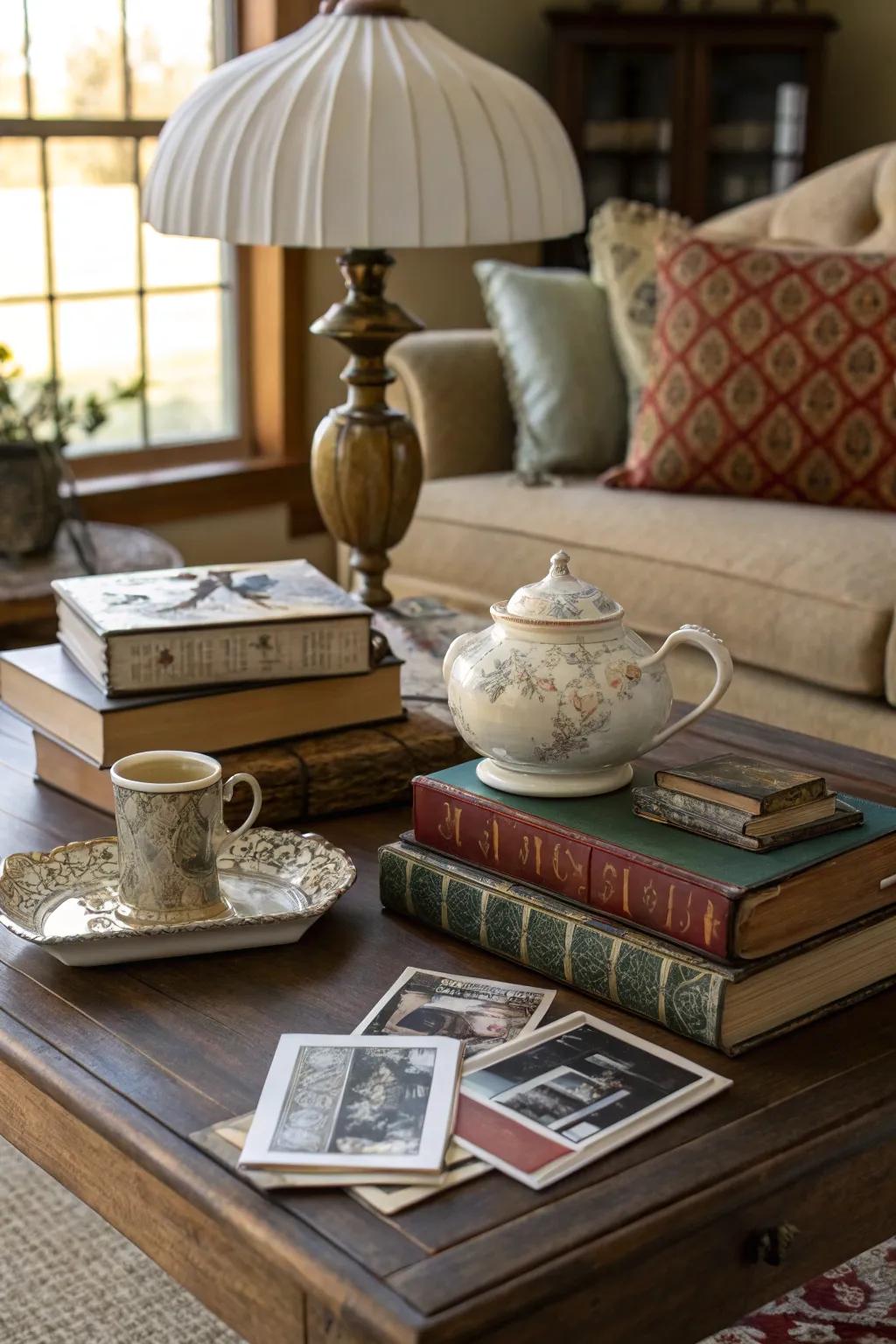 A curated vignette on a coffee table showcasing vintage finds.