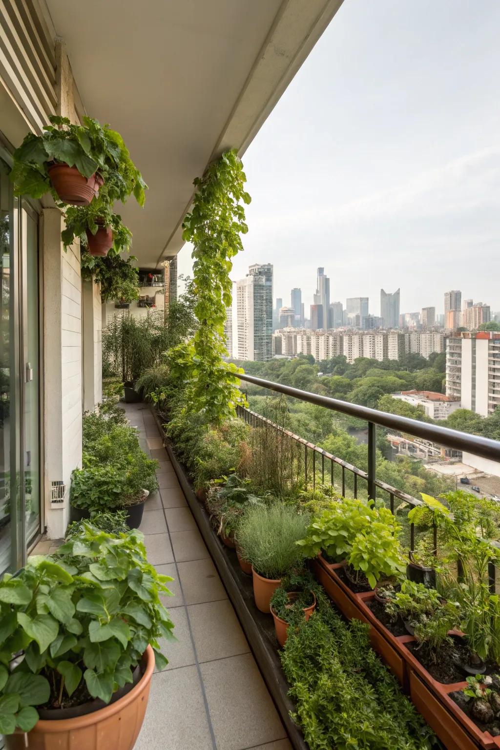 A city apartment balcony is decorated with a vibrant and productive garden.