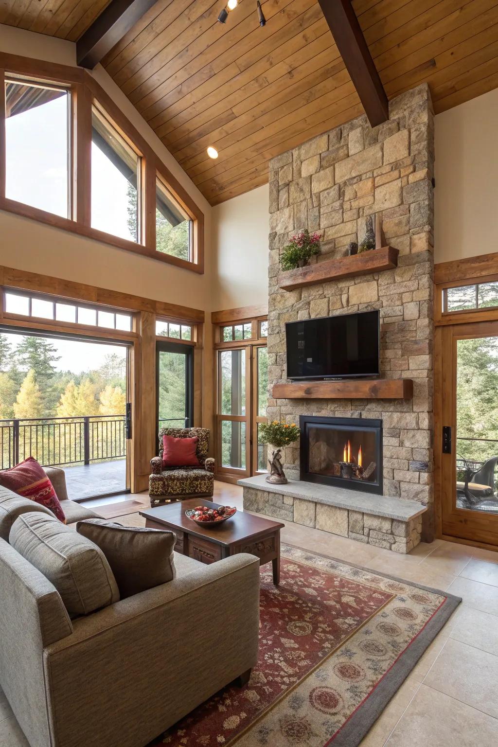 Dual-sided hearths tender warmth and atmosphere from multiple perspectives.